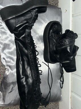 Demonia Black Lace-Up Over-the-Knee Platform Boots